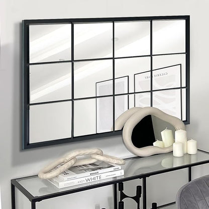 OUSHUAI Balck Rectangle Mirror,Window Pane Grid Mirror,Minimalism Wall Mounted Mirror for Entryway,Hallway,Living Room,Fireplace 24"X36"