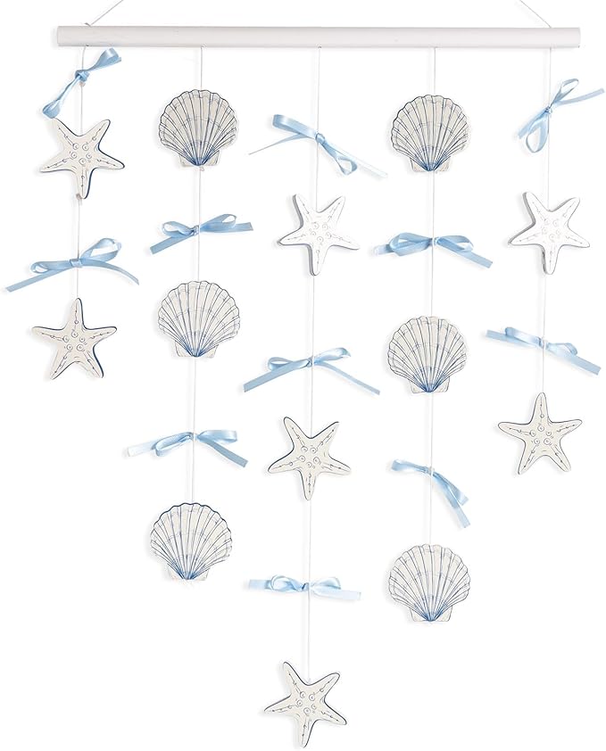 pechpell Beach Seashell Wall Hanging Decor, Ocean Nursery Themed Coastal Wall Art 29"x15" Wooden Shells Starfish Decor with Blue Bow for Beachy Room Bathroom Bedroom Office Farmhouse Home Decorations