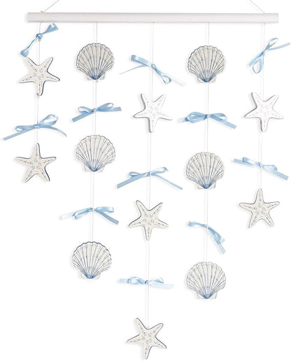pechpell Beach Seashell Wall Hanging Decor, Ocean Nursery Themed Coastal Wall Art 29"x15" Wooden Shells Starfish Decor with Blue Bow for Beachy Room Bathroom Bedroom Office Farmhouse Home Decorations