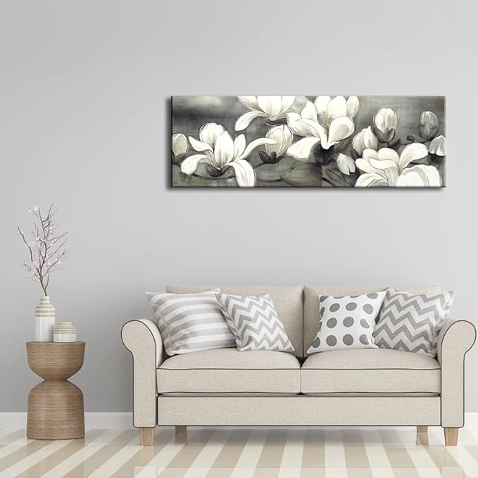Wieco Art Magnolia Modern Wrapped Floral Artwork Giclee Canvas Prints White and Grey Flowers Pictures Paintings on Canvas Wall Art Ready to Hang for Living Room Bedroom Home Decorations 48x16