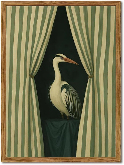 Framed Moody Heron Wall Art, Eclectic Vintage Bird Pictures Wall Decor Paintings, Surreal Whimsical Animal Canvas Prints Unique Humorous Home Decor for Living Room Bedroom Bathroom 12x16 inch