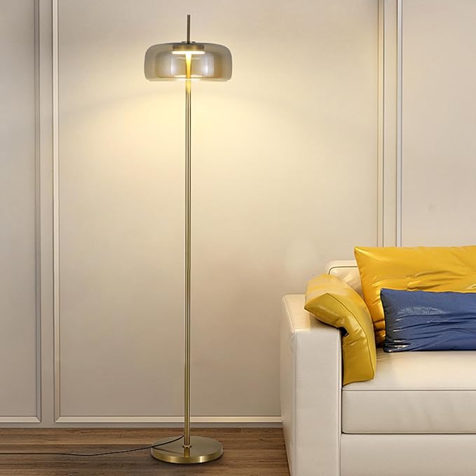 MIXL-Hand-Blown Glass Floor Lamp with Sturdy Base,Minimalist Amber Bedside Lamp with Round Shade,Nordic Style Tall Lamp for Reading Study Room and Dining Room