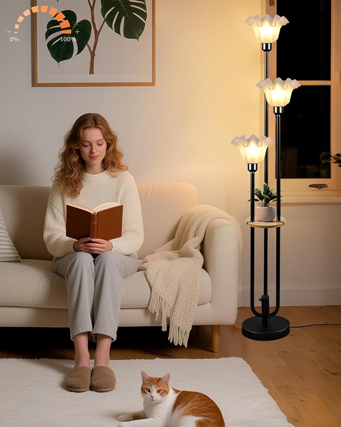Flower Floor Lamp for Living Room, Dimmable Vintage Floor Lamp with Shelf & LED Bulbs, 3 Light 3000K Warmwhite Mid Century Black Floral Tall Standing Lamp with 5Lbs Heavy Base for Bedroom