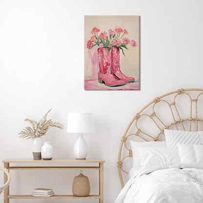 Julaydi Floral Cowgirl Boots Wall Art Pink Cowboy Boots with Flower Painting Western Aesthetic Canvas Prints Poster Trendy Preppy Girls Room Decor Picture for Living Room Bedroom Dorm 12x16in Framed