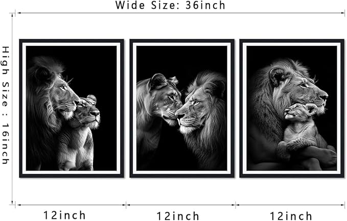 Black White Lion Family Framed Canvas Wall Art Set of 3 Majestic Lion Pride Decor for Office Nursery Living Room Bedroom African Wildlife Animals Print Artwork Wall Decor Easy to Hand 12x16inchx3pcs