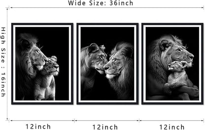 Black White Lion Family Framed Canvas Wall Art Set of 3 Majestic Lion Pride Decor for Office Nursery Living Room Bedroom African Wildlife Animals Print Artwork Wall Decor Easy to Hand 12x16inchx3pcs
