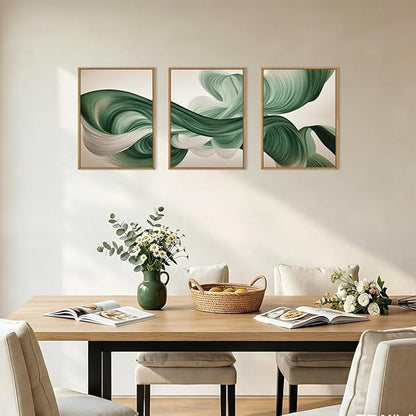 KAIRNE Green Abstract Framed Canvas Wall Art Set,Minimalist Green Lines Wall Decor,Modern Flowing Texture Art Prints,Neutral Smokes Waves Artwork for Living Room,Bedroom,Farmhouse,Office-12 x16 x3