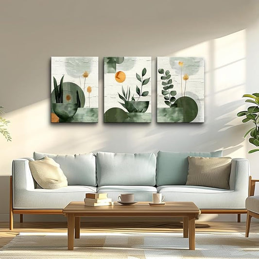 TTHYUEWS Large Wall Decor For Living Room Bedroom Wall Art Decor Boho Canvas Wall Art Prints Geometry Plant Pictures Abstract Paintings Office Artwork Modern Home Decoration 3 Piece Ready To Hang