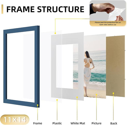 YESKAY 11x14 Picture Frame Set of 9 Photo Gallery Wall Frame Set Display Pictures 8x10 with Mat or 11 x 14 Without Multi Photo Frames for Wall Mounting or Table Top Display, Blue