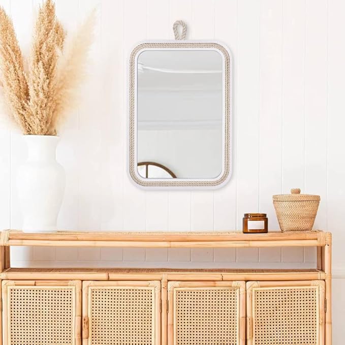 Nautical Rope Mirror Rectangle Wooden 22''Lx16''W White Decorative Mirror Farmhouse Hanging for Bathroom,Livingroom,Entryway-Beachy Coastal Wall Mirror Decor
