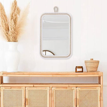 Nautical Rope Mirror Rectangle Wooden 22''Lx16''W White Decorative Mirror Farmhouse Hanging for Bathroom,Livingroom,Entryway-Beachy Coastal Wall Mirror Decor