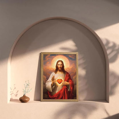Framed Sacred Heart of Jesus Canvas Wall Art Divine Mercy Painting Picture Wall Decor Religious Christ Jesus Portrait Poster Prints Artwork for Dining Living prayer Room Bedroom Home Decor 24x36 in