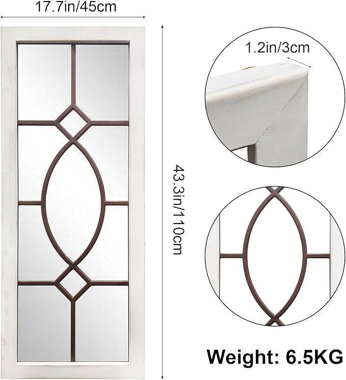 Farmhouse Mirror for Wall Decor: 43.3" x 17.7" Large Rustic Windowpane Mirrors with Wooden Frame- Decorative Entryway Mirror for Living Room/Bedroom/Hallway/Fireplace