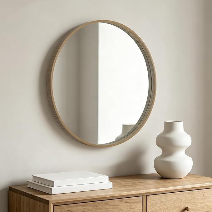 HOMECOOKIN Round Wood Mirror 24 inch Circle Mirror, Rustic Farmhouse Wooden Framed Natural Decorative Wall Decor, Vanity Wall Mirror for Bathroom, Bedroom, Entryway, Living Room (Honey)