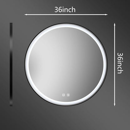 Itrue 36 Inch LED Bathroom Round Mirror, Black Metal Frame, Adjustable Color Temp & Brightness,Anti-Fog,Shatter-Proof Tempered Vanity Mirror for Wall