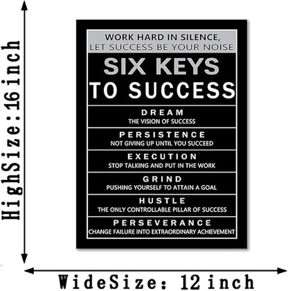 Six Keys to Success Canvas Wall Art, Motivational Wall Decor with Work Hard in Silence Quote, Inspirational Black & White Canvas Print for Home Office, Framed 12x16 inch