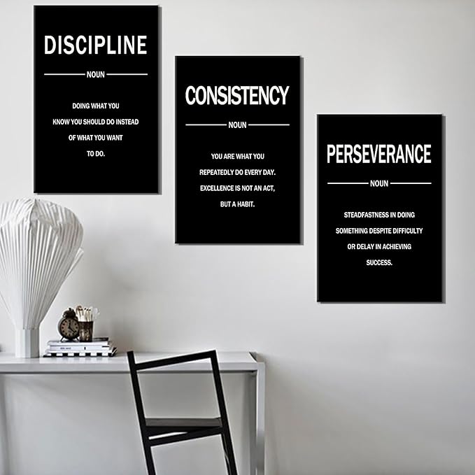 Perseverance Discipline Consistency Posters Inspirational Canvas Wall Art 3 Pieces Motivational Office Wall Decor Painting Artwork for Home Living Room Gym Stretched and Framed [48''W x 24''H]