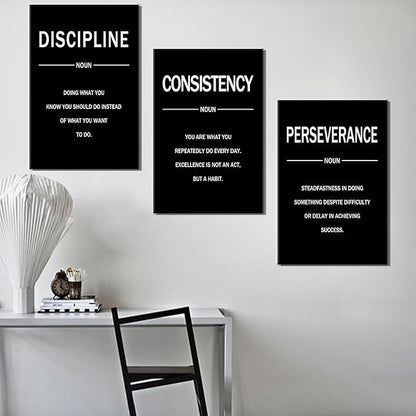 Perseverance Discipline Consistency Posters Inspirational Canvas Wall Art 3 Pieces Motivational Office Wall Decor Painting Artwork for Home Living Room Gym Stretched and Framed [48''W x 24''H]