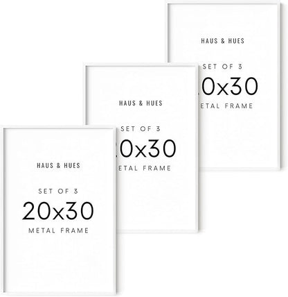 HAUS AND HUES 20x30 White Aluminum Frame Set of 3 - Premium Build, Vertical & Horizontal Hanging, Shatterproof Plexiglass (20x30 in, White)
