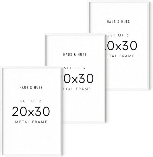 HAUS AND HUES 20x30 White Aluminum Frame Set of 3 - Premium Build, Vertical & Horizontal Hanging, Shatterproof Plexiglass (20x30 in, White)