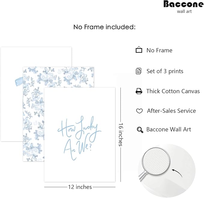 Baccone Blue Bow Wall Art Floral Canvas Wall Decor Coquette Flower Wall Art Trendy Aesthetic Poster Girly Preppy Pictures Blue Floral Prints for Living Room Bathroom 12x16 Inch Unframed Set of 3