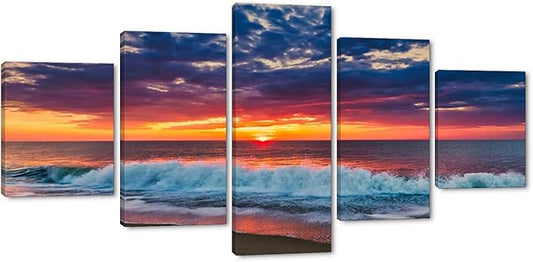 Ocean Decor Canvas Prints Set of 5 Prints Sunset Landscape Poster Cityscape Artwork for Living Room Kitchen Bedroom Decoration Office Home Decor Gift Framed Easy to Hang -50" Wx24 H