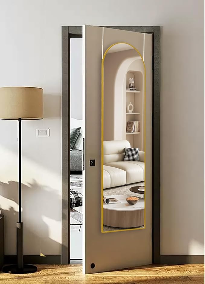 Arched Full Length Mirror, 48"x14" Gold, Tempered Shatterproof Glass & Aluminum Frame, Over Door or Wall Mounted, No Drill Installation for Bedroom, Bathroom, Closet, Entryway, Living Room Decor