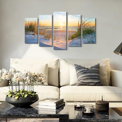 Canvas Wall Art For Living Room Large Size Wall Decor For Bedrooms Beach Grass Blue Ocean Landscape Painting Office Wall Decorations Seascape Print Canvas Pictures Artwork Home Decor Works 5 Piece