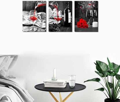 Kitchen Wall Art for dining room Wall Decor Still life Black and white Canvas art Prints Wine barrel bar Red rose painting modern family wall decorations restaurant bedroom Decor Artwork 3 piece set
