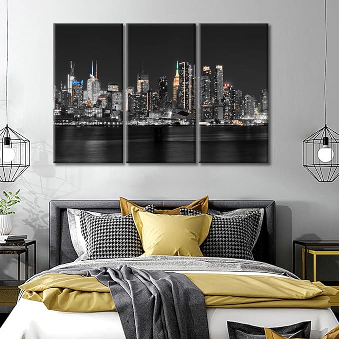 TUMOVO 3 Pieces Manhattan USA Skyline Canvas Paintings Office Decor Hudson River New York City NY USA Wall Decor City Skyline Wall Decor for Bedroom, Living Room.Ready to Hang (60" Wx40 H)