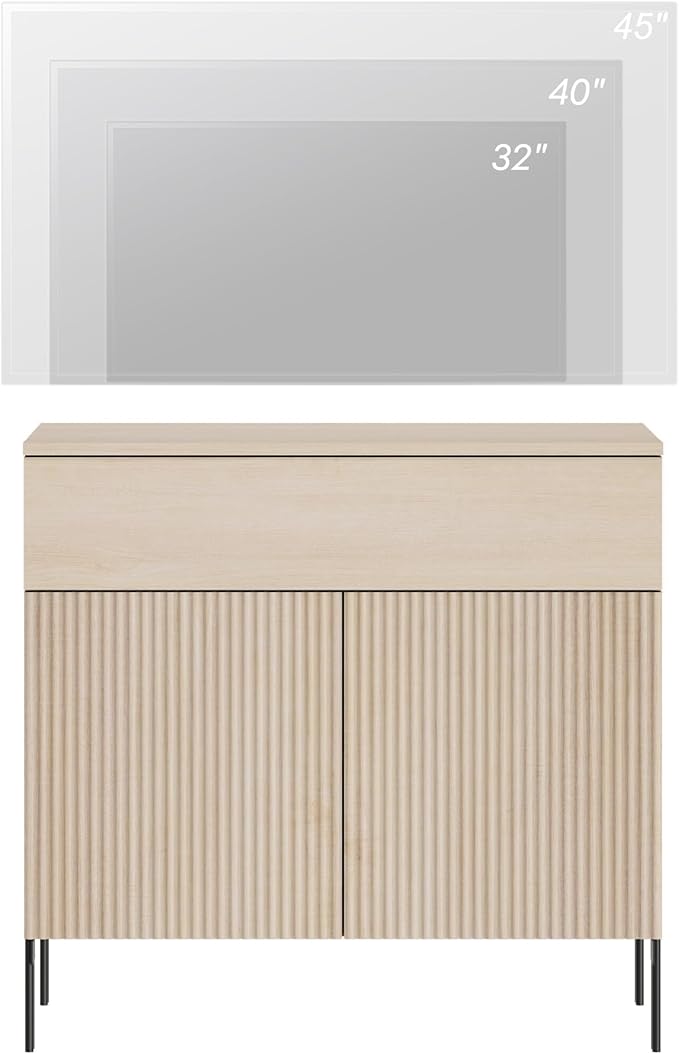 WAMPAT Fluted TV Stand TVs up to 35", 31.5" W Modern TV Entertainment Center with Storage Cabinets and 1 Drawers & 2 Doors, Wood Media TV Console Table with Storage for Living Room, Beige