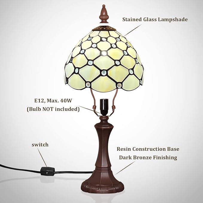 Capulina Tiffany Table Lamp 8 Inches Antique Beige Beads Style Stained Glass Small Desk Lamp Decor for Home Office Bedroom Living Room