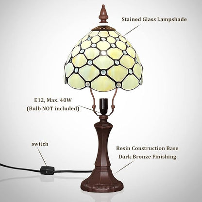 Capulina Tiffany Table Lamp 8 Inches Antique Beige Beads Style Stained Glass Small Desk Lamp Decor for Home Office Bedroom Living Room