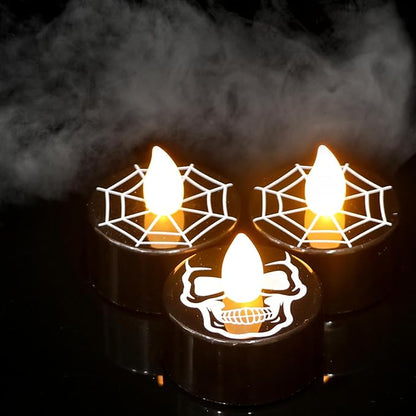 GenSwin Halloween Black Tealights Candles, Battery Operated Tea Lights Candles with Timer, 12 Pack Flameless Candles with 3D Wick, LED Votive Candles with Skull and Spiderweb Prints for Home Decor