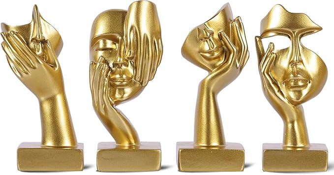 Gold Abstract Thinker Figurine Set of 4, Home Art Face Small Statue for Accents Decor Women Bedroom Shelf Bookcase Room Desk, TV Stand, Coffee Table Decor, Art Sculpture Gifts for Women (Gold)