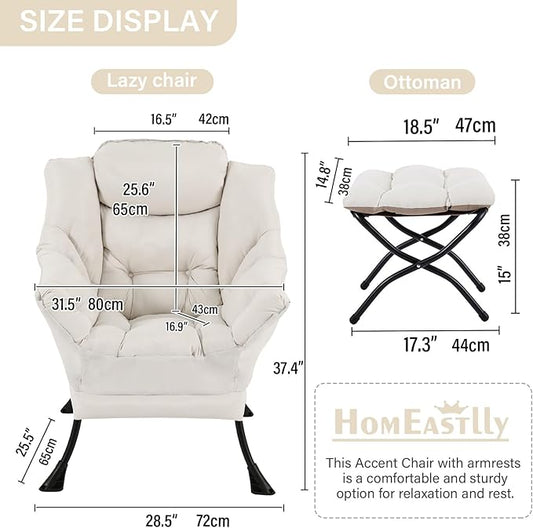 Lazy Chair with Ottoman, Large Beige Accent Chair with Ottoman, Comfy Reading Armchair, Leisure Sofa Chair for Living Room, Bedroom, Dorm Room, Office