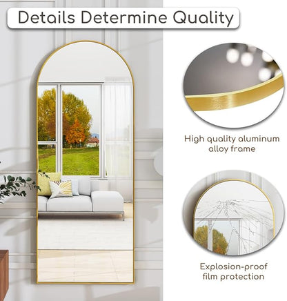 Prywot Arched Full Length Mirror, 70"x26" Free Standing Floor Mirror, Modern Full Body Mirrors with Stand, Wall Mirrors with Aluminum Alloy Frame for Bedroom,Living Room, Gold