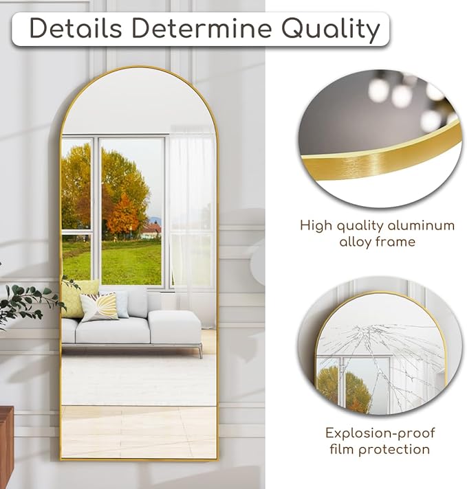 Rowjut Floor Mirror Arched Full Length Mirrors, Mirror Full Length Standing Hanging or Leaning Against Wall, 59"x18" Large Full Body and Wall Mounted Mirror for Bedroom Living Room, Gold
