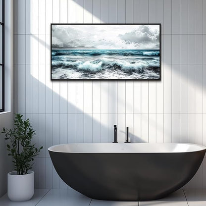 ERQINHUA Black And White Beach Canvas Wall Art For Living Room Wall Decoration For Bedroom Office Decor Blue Sea Wave Pictures Modern Hotel Room Home Decor Wall Painting Black Framed 20x40 In