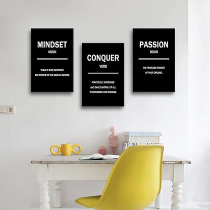 3 Pieces Motivational Canvas Wall Art Mindset Conquer Passion Picture Painting Entrepreneur quotes Posters Print Artwork for Office Classroom Wall Decoration Stretched and Framed [48''W x 24''H]