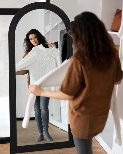 Full Length Mirror, 81"x41" Wooden Mirror Full Length with Stand Wood Floor Mirror, Oversized Stand Up Mirrors Large Wall Mirrors, Wall Mounted Mirrors, Arched Wood Style, Black