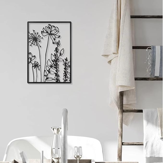 GSANMU Metal Boho Flower Wall Decor - 3 Pcs Minimalist black Farmhouse Hanging Wall Art Iron line decor for Bathroom,Living Room and Bedroom 16.5×11.8 inch