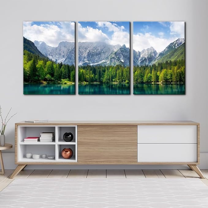 3 Pieces Nature Scenery Wall Art Decor Beautiful Landscape with Turquoise Lake Forest and Mountains Pictures Painting Print on Canvas Modern Artwork Stretched Framed Ready to Hang - 20"x28"x3 Panel