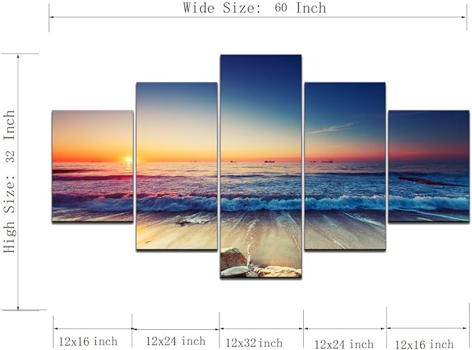 5 Piece Painting on Canvas Wall Art for Living Room Prints and Posters Sunset Beach Sea Waves Landscape Artwork Pictures for Home Decorations Wall Decor Set Framed Ready to Hang (60’’W x 32’’H)
