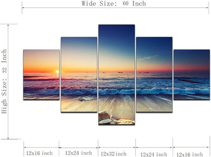 5 Piece Painting on Canvas Wall Art for Living Room Prints and Posters Sunset Beach Sea Waves Landscape Artwork Pictures for Home Decorations Wall Decor Set Framed Ready to Hang (60’’W x 32’’H)