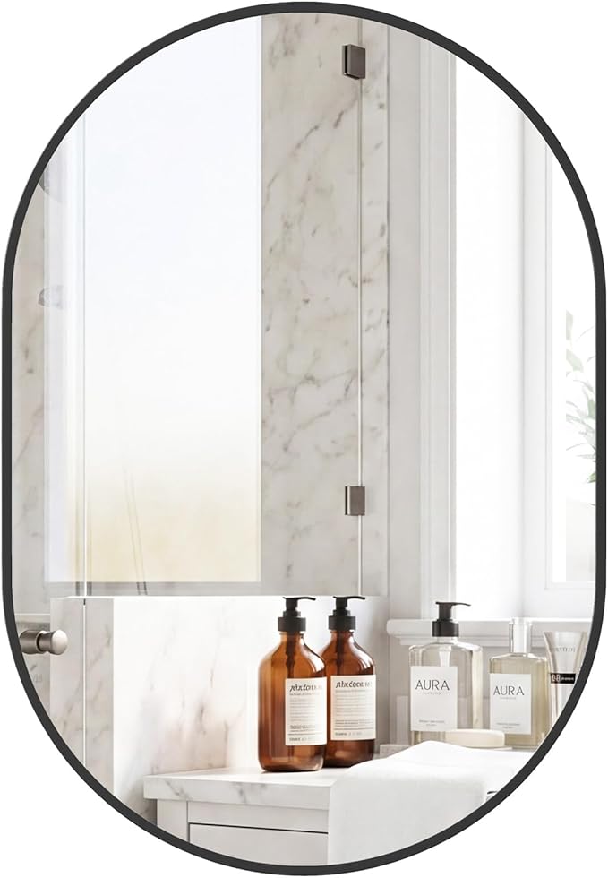 NEWBULIG 20" x 30" Oval Bathroom Mirror, Black Wall Mirror with Metal Frame, Tempered Glass, Morden Vanity Mirror for Over Sink, Entryway, Living Room, Bedroom, Horizontal or Vertical