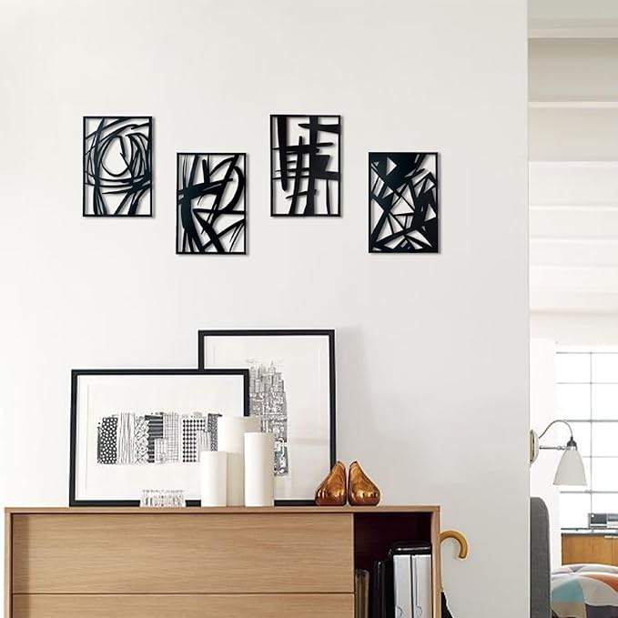 OYEFLY 4 Pack Abstract Metal Wall Art,Minimalist Art Decoration for Living Room Bedroom Bathroom Study (Black, 9.4 x 6.5inch)