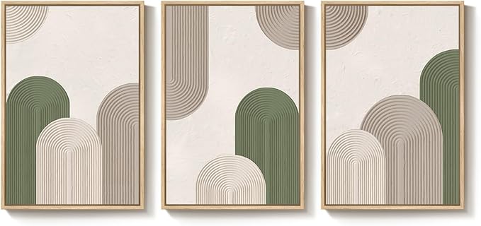 Framed Green Beige Abstract Wall Art for Living Room, 3 Piece Large Neutral Modern Minimalist Canvas Artwork for Walls, Boho Bauhaus Geometric Painting Prints for Hallway Office Wall Decor, 24x36 Inch