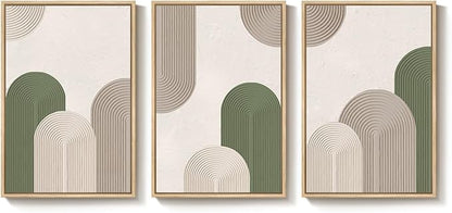 Framed Green Beige Abstract Wall Art for Living Room, 3 Piece Large Neutral Modern Minimalist Canvas Artwork for Walls, Boho Bauhaus Geometric Painting Prints for Hallway Office Wall Decor, 24x36 Inch