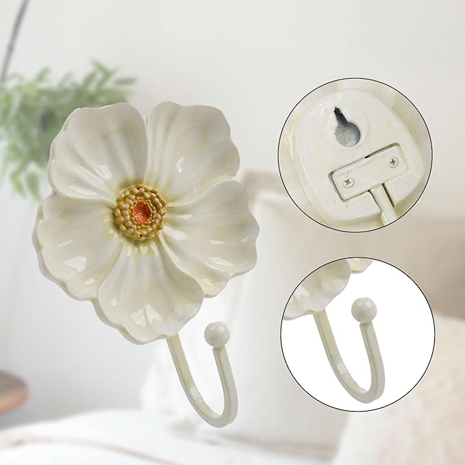 Guichifun Flower Coat Hooks Wall Decor - 2pcs Resin White Decorative Wall Hooks for Hanging Clothes Coats Towels Keys Bags Hats Bathroom Home Decoration Gift 4.3 x 2.2 x 6 Inch